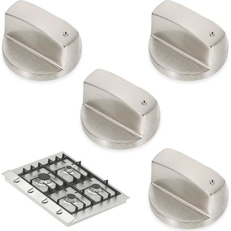 Lot de 4 Boutons de Commande Universels en Métal Brossé pour Cuisinière à Gaz 6 mm Argenté Bouton de Poêle, Convient pour le Gaz, le Four et la Plaque de Cuisson