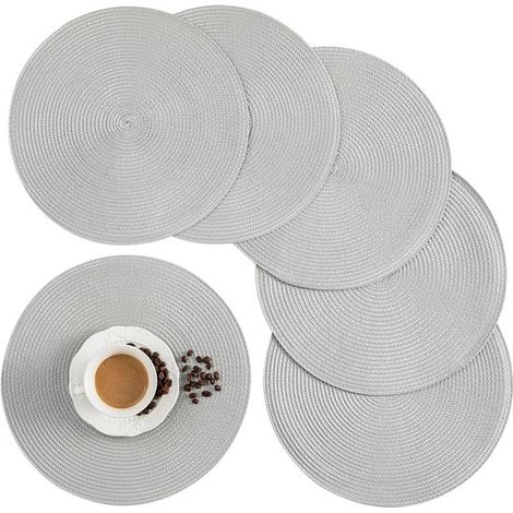 Ensemble de 6 pièces - sets de table - sous-verres - Set de table - Sous-verres - Tapis isolant thermique - Tissé - Rond - Antidérapant - Uni - Diamètre 38 cm - Gris clair (1/5)