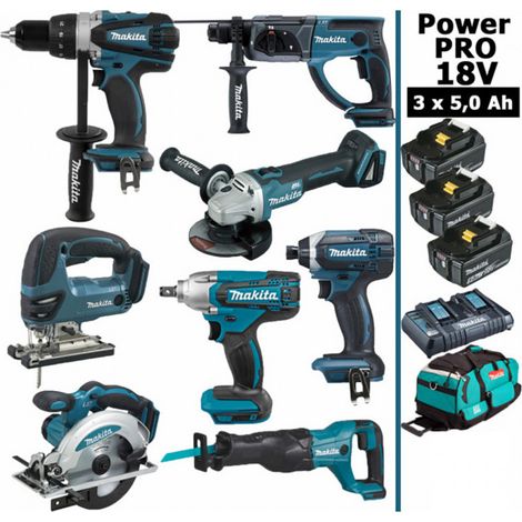 Pack Makita Power PRO 8 outils 18V: DDF458 DHR202 DGA504 DTW190 DTD152 DJV180 DSS610 DJR186 + 3 batt 5Ah + sac (1/5)