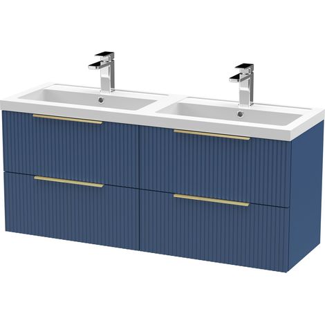 Fluted Front Wall Hung 4-Drawer Bathroom Vanity Unit with Double Basin, 1200mm, Satin Blue, Brushed Brass Handles (1/5)