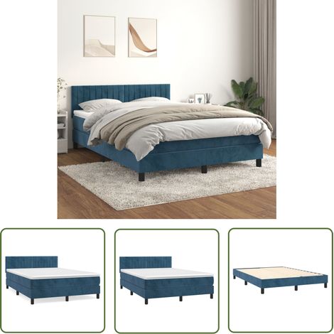 The Living Store Sommier à lattes de lit et matelas Bleu foncé 140x200cm Velours - Lit Tapissier - Lit Velours - Lit Double - Literie - Chambre À Coucher (1/5)