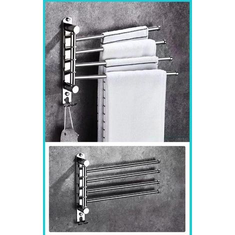 Wandmontierter, drehbarer Handtuchhalter aus Edelstahl – 4 Stangen – mit Haken und rutschfester Kappe – wasserdicht – silberfarben – für Bad, Küche, Badewanne