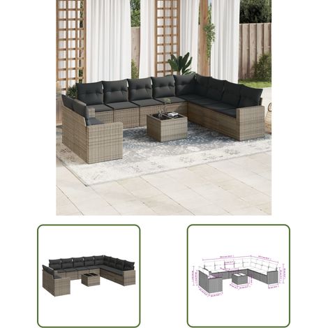 The Living Store 11-tlg. Garten-Sofagarnitur mit Kissen Grau Poly Rattan - Gartenmöbel - Outdoor Möbel - Rattan Sofa - Lounge Set - Esstisch