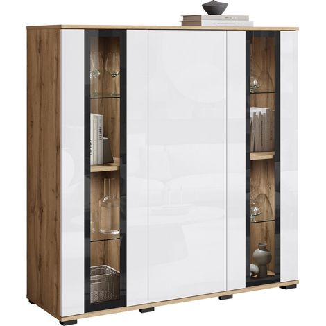 Aparador Torcame 100, Roble wotan + Blanco brillante, 122x120cm, Número de puertas: 040cm, Vidrio templado, Aglomerado laminado, LED