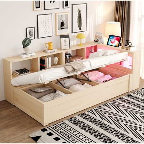 Bett multifunktional 90x200 cm in Naturholz-Optik, mit LED-Kopfteil, Steckdose und hydraulischem Stauraum (1/5)