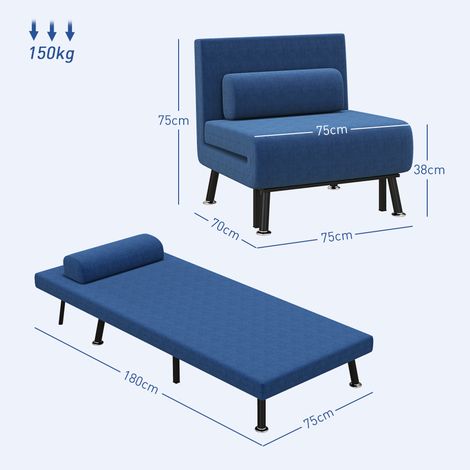 Fauteuil-lit, dossier réglable sur 5 positions, revêtement en tissu aspect lin et structure en acier, 75 x 70 x 75 cm, bleu foncé (1/5)