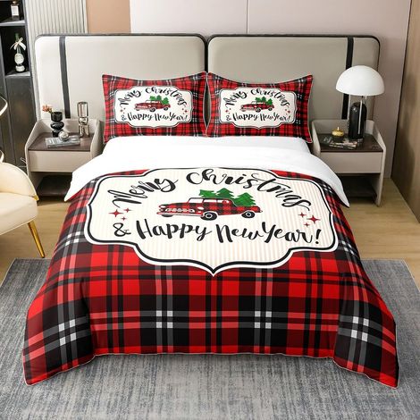 Coton de Noël Housse de Couette 140x200cm Voiture de Arbre de Joyeux Noël Literie Set Femmes Hommes Rouge Buffalo Tartan - 140 x 200 cm + 1 taie d'oreiller 65 x 65 cm (1/5)