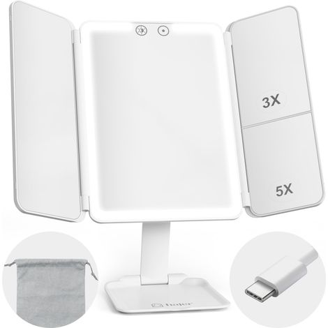 hajer Miroir Maquillage Lumineux à LED + Pochette de Transport, Grossissant 1X/3X/5X, 3 Modes éclairage, Tactile et Rechargeable USB-C avec Batterie en Lithium. Miroir Portable et Pliable de Voyage. (1/5)