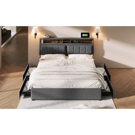 Cama 140x200 cm de lino gris con cajones, para dormitorios pequeños, sin colchón – MEUBLIV (1/5)