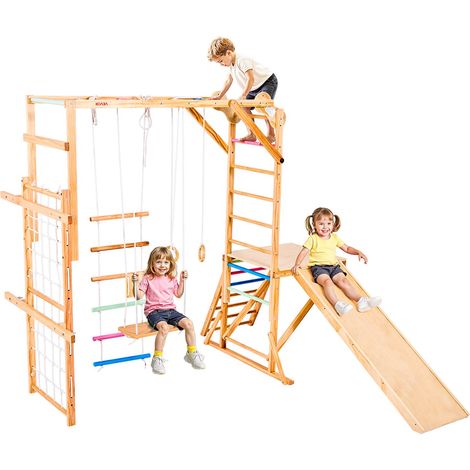 Aire de Jeux Intérieure en Bois 8-en-1, avec Balançoire, Toboggan, Barre de Singe, Anneaux de Gymnastique, Échelle en Bois/Corde, Filet et Barre d'Escalade, Structure de Jeux pour Enfants (1/5)