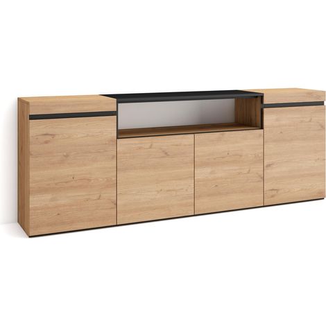 Skraut Home – Buffet moderne en chêne et noir – Meuble de rangement 200x35x75cm – 4 portes – Commode pour salon et cuisine