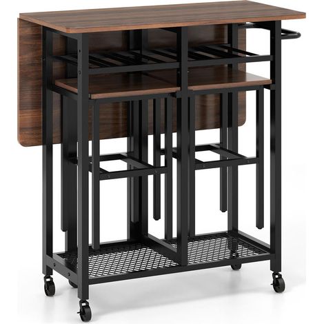 3 Pièces Table de Bar avec 2 Tabourets Ensemble Table à Manger Mobile avec Porte-Bouteilles pour Cuisine Marron (1/5)