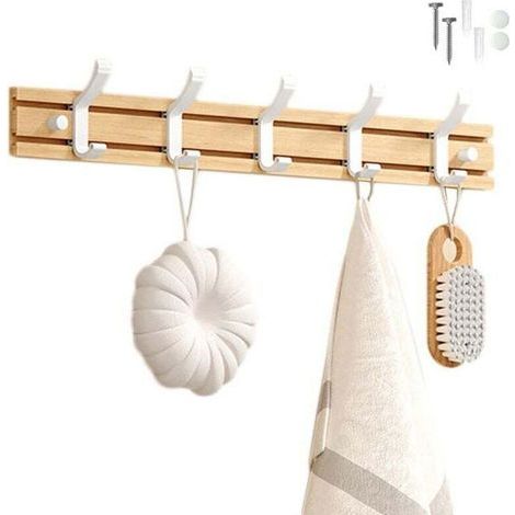 Porte Manteau Bambou Mural, Patères 5 Crochets pour Suspendre Vêtements, Peignoirs, Serviettes, Manteaux Crochet Mural pour Entrée, Chambre, Salle de Bain (Blanc-5 Crochets) (1/5)