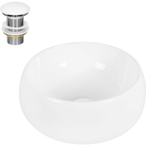 ECD Germany Lavabo per Bagno d' Appoggio Ø 400 x 350 mm in Ceramica Bianca incl. Piletta Set di Scarico 1 1/4'' per Lavandini senza Troppopieno Lavello Rotondo Lavamani Sanitari per Bagno