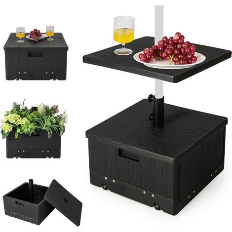 GOPLUS Base de Parasol Mobile pour Parasol de 38/48 mm, Remplissable d'eau 45L et de Sable 67KG, Bac à Plantes avec roulettes et Poignée, Plateau de Table, Sac de Poids, 2 Boutons Réglables (1/5)