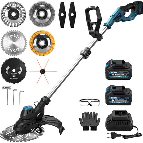 980W 14800U/min Débroussailleuse Électrique Sans Balais Sans Fil Coupe Bordure avec 2x Batteries Compatible Makita 21V Longueur Réglable 90-136cm 7 Types Lames Jusqu'à 300mm pour Jardin cours Pelouse (1/5)