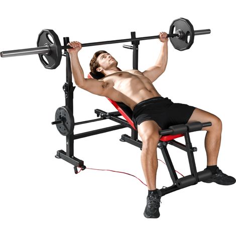 Banc de musculation multifonction noir réglable avec repose-jambes, dimensions 147x109x122 cm, parfait pour votre salle de gym à domicile (1/5)