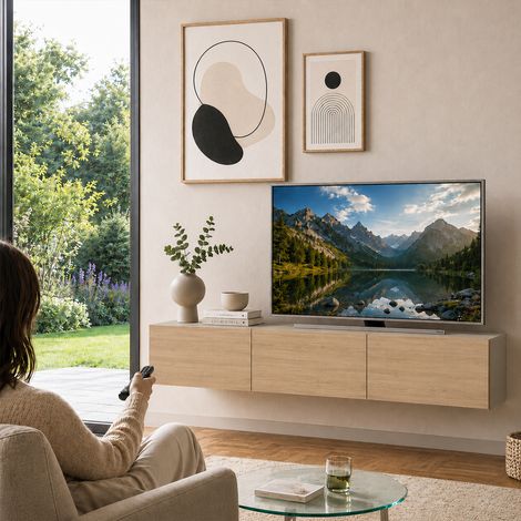 Mobile TV sospeso 180x30cm FRANCY Quercia e Sabbia 3 Ante a Ribalta Parete (1/5)