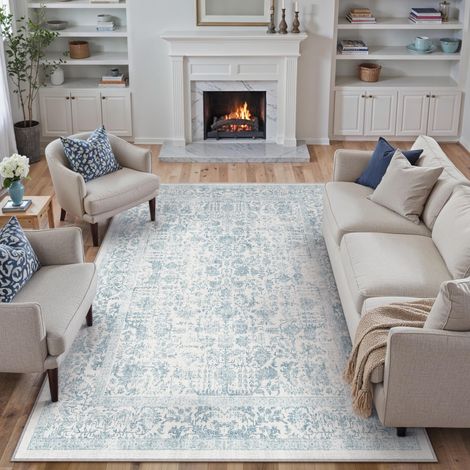 Vintage Tapis Salon 240x300cm Bleu Lavable en Machine Rug Chambre Adulte Grand Rugs,Descente de Lit, AntidéRapant Carpet,Interieur Doux Poil Ras,Salle a Manger Carpets,Bureau (1/5)