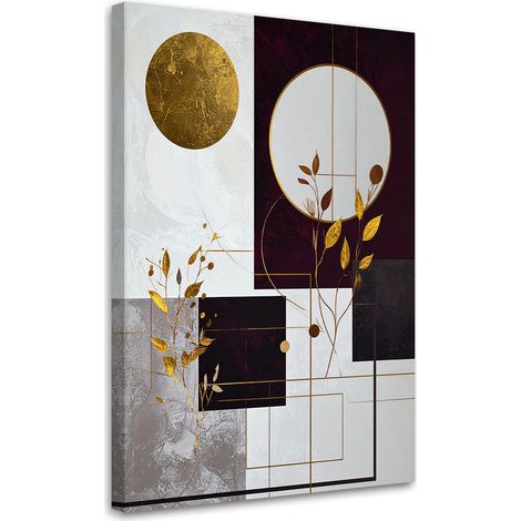 Bild auf Leinwand Grau-goldene abstrakte Darstellung von Kreisen und Blättern 80x120 (1/5)