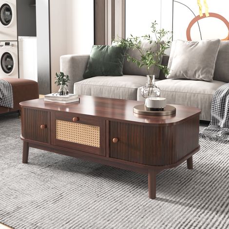 Mesa baja retro de ratán - 110 x 55 x 38,5 cm - con puertas correderas y patas macizas – Estilo rústico chic - Nogal (1/5)