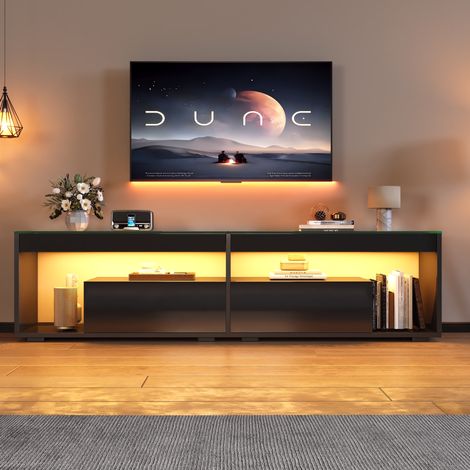 Meuble TV LED brillant noir 180 x 40 x 46 cm avec 2 tiroirs, éclairage app, jusqu'à 70 pouces HAVRYA (1/5)