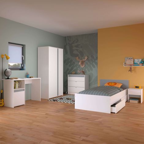 Germain Dormitorio Juvenil Blanco y Gris: Cama y 2 Cajones, Armario 2 Puertas, Escritorio y Cómoda 3 Cajones (1/5)