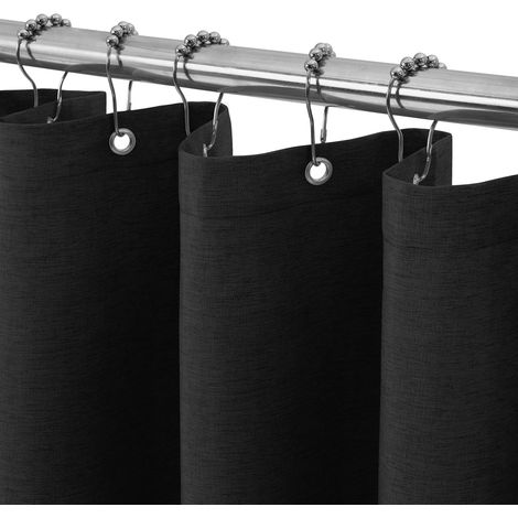 Rideau de Douche Lin avec Anneaux en Métal Imperméable Anti-Moisissures Polyester Tissu Rideau Salle de Bain Lourd pour Baignoire Cabine de Douche 92x182CM (Noir) (1/4)