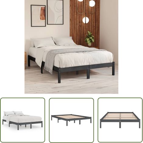 The Living Store Cadre de lit sans matelas gris bois massif 200x200 cm - Cadre De Lit - Lit Double - Lit En Bois - Bois Massif - Sommier (1/5)