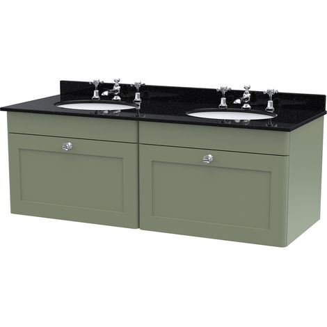 Nuie Classique Satin Green 1200mm Wall Hung 2 Drawer Vanity Unit with Black Marble Countertop and 2 Round Basins with 6 Tap Holes - CLC894BR6 (1/3)