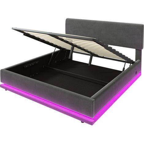 Letto capitonné 160 x 200 cm in velluto a coste grigio scuro, testiera 3 posizioni, LED e USB-C (1/5)