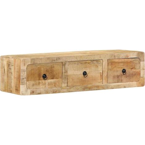 Mobile TV a parete 100 x 32 x 25 cm con 3 cassetti salvaspazio design contemporaneo in legno massello di mango grezzo 020058068