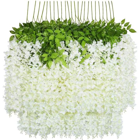 Paquet de 12 fleurs de glycine artificielles, guirlande de glycine blanche, plantes artificielles, décor de guirlande de fleurs de glycine suspendues (1/5)