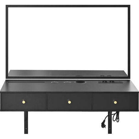 Coiffeuse suspendue avec miroir, 3 tiroirs et prises, emplacement pour tablette/carte, porte-gobelet noire 100×105×45 cm (L×H×P) (1/5)