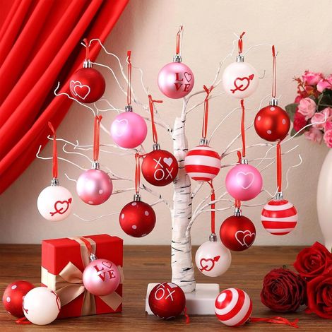 Boule De Décoration - 16 Pièces - 4 Cm - Rouge Rose Blanc - Pour Arbre De Noël Ou Intérieur - Lot De Boules Suspensions (1/5)