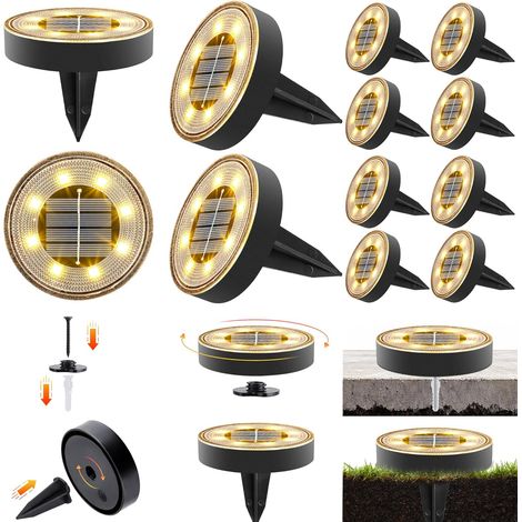 12 pièces éclairage au sol solaire extérieur étanche, lampe solaire 2 en 1 pour jardin extérieur, 3000K blanc chaud 8 LED éclairage de jardin pour sol, chemin, pelouse, cour, allée (1/5)