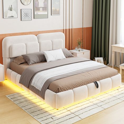 Cama con almacenaje 140 x 200 cm con LED, cabecero capitoné, terciopelo beige, 200 kg OKMYHOME (1/5)