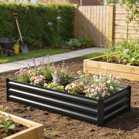 Macetero rectangular de acero galvanizado con borde de seguridad y base abierta, 150x70x30cm, gris oscuro.