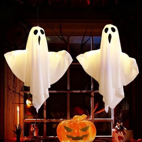 Halloween Indoor/Outdoor Decorations, 2 Hanging Ghost Decorations with LED Lights, 3 Modes Halloween String Lights, Spooky Ghost Decoration for Front Yard, Patio, Lawn, Garden, Party, White