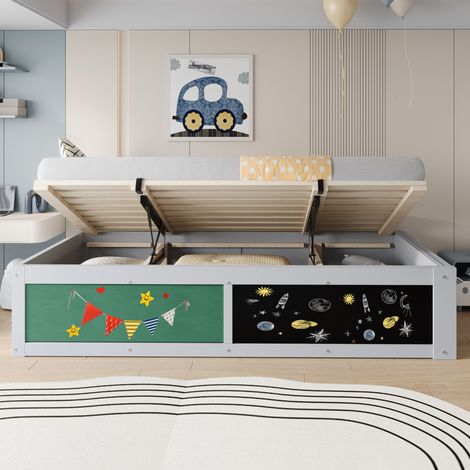 Cama infantil multifuncional 90 x 200 cm gris de madera, con almacenamiento hidráulico y pizarra (1/5)