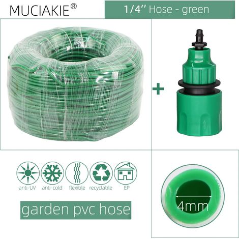 Tuyau d'arrosage vert de 6,35 mm (1/4 po) et 20 m (65,6 pi) avec raccord rapide pour micro-irrigation goutte à goutte. Tuyau en PVC neuf de 6,35 mm (1/4 po).