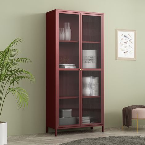 Vitrina Säkylä con puerta de cristal 3 estantes 180x80x35 cm Rojo burdeos [en.casa]
