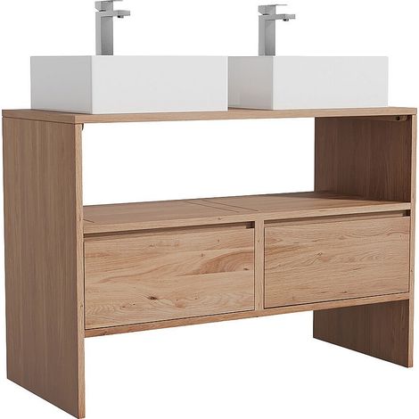Mobile bagno in rovere massello con lavabo da appoggio quadrato e rubinetto Naturale chiaro 110 cm - CAVIZO
