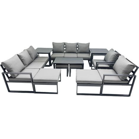 Fimous Outdoor Garden Furniture Set Aluminium Lounge 3 Seat Sofa Oblong Coffee Table Sets with 2 Chairs 4 Stools 2 Side Tables Dark Grey (1/5)