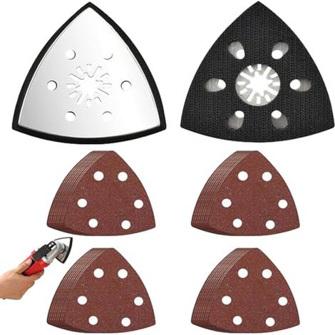 2 pièces Patin Ponceuse Triangulaire, Plaques de Ponçage Triangulaires, 93 mm Plateau Ponçage, avec 20 Feuilles Triangles P320 to P800, pour bois, plastique dur, métal dérouillage - (1/5)