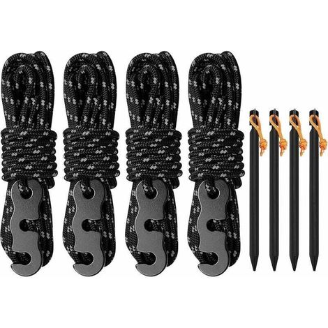 Lot de 4 Cordes de Tension Réfléchissantes de 4 m avec Piquets en Aluminium - JINFGERNE - Tendeurs Élastiques pour Tente, Bâche et Camping, Résistantes et Durables