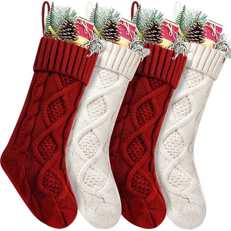 Lot de 4 chaussettes de Noël, maille torsadée, acrylique doux, 45 cm, décoration cheminée (1/5)