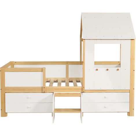 Letto per bambini a mezza altezza a casetta con tetto e finestra, 4 cassetti, scala, 90 x 200 cm (1/5)