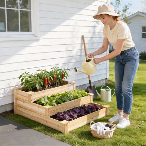 WOLTU 3 Ebenen Hochbeet Blumenkasten Pflanzkübel mit offenem Boden aus Massivholz für Terrasse Garten Balkon, 92x35x92 cm Holzfarbe