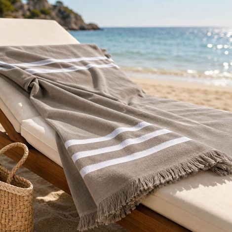 Serviette de plage Fouta Taupe Terry 90x180 100 % coton avec franges fabriquée en Turquie